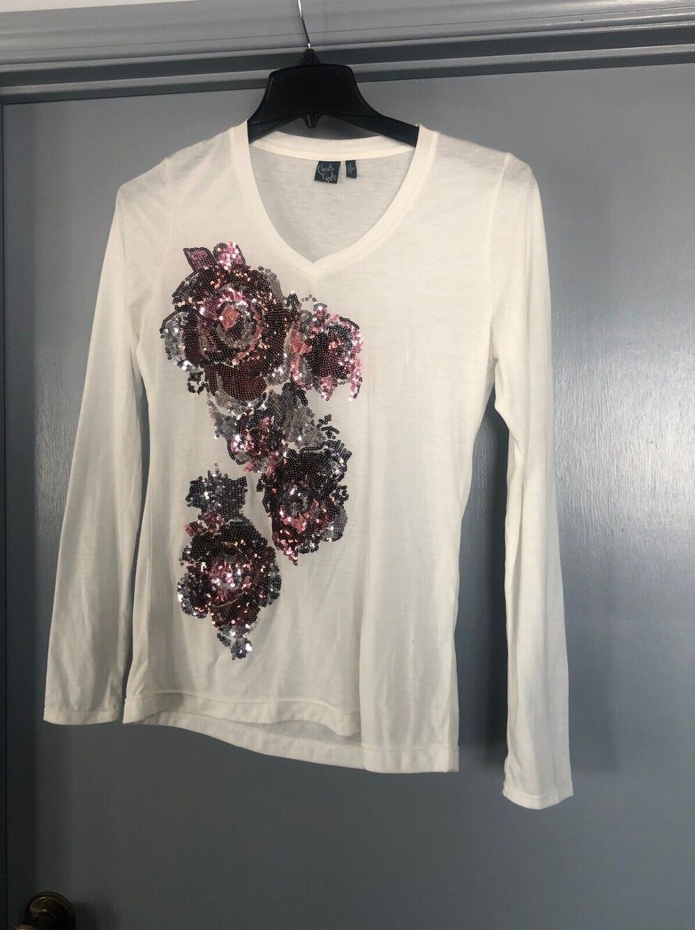 Cruel Girl Artsy Large Knit Top Shirt Sequin Floral Art to Wear Western